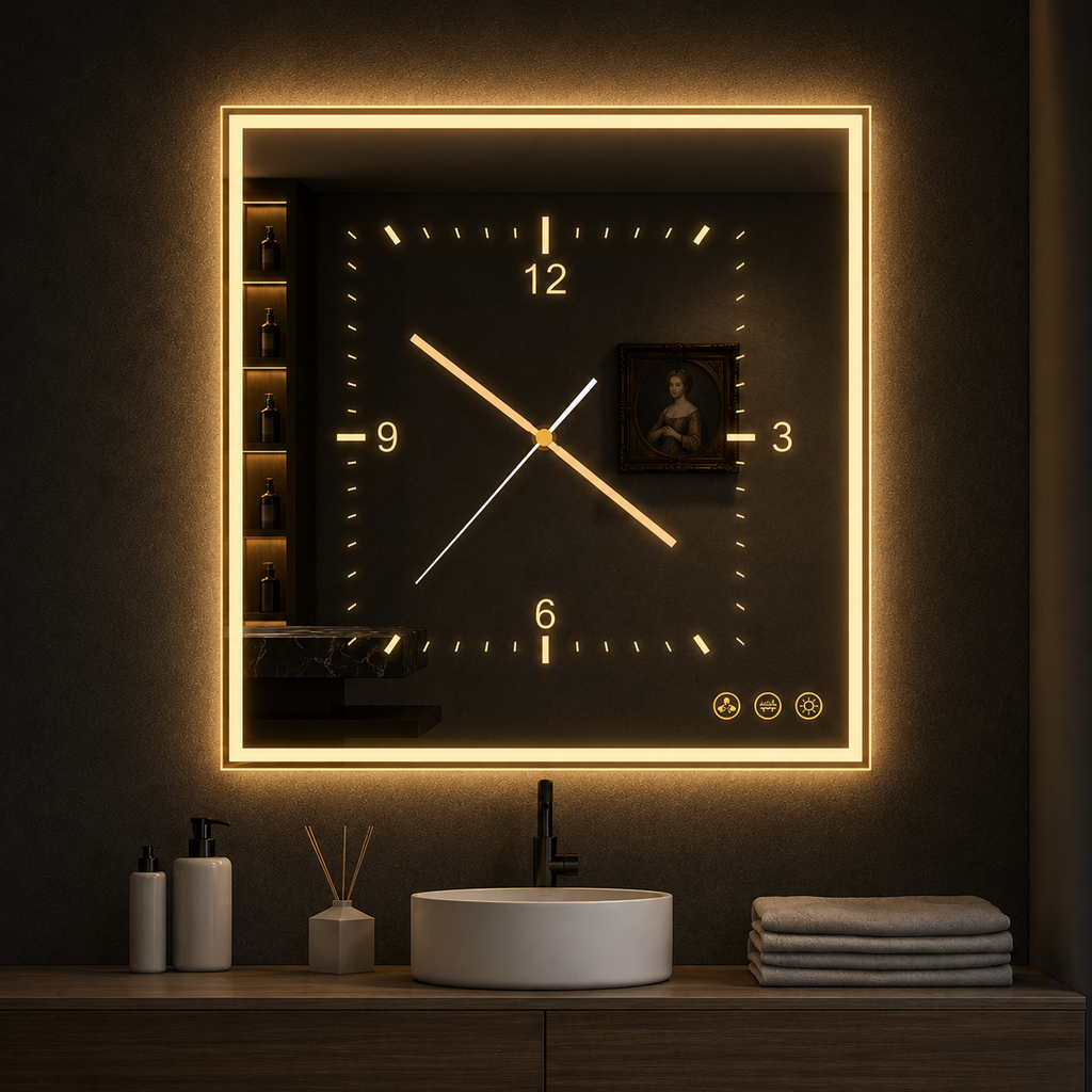 Luxury LED Smart Mirror Wall Clock | Modern Illuminated Bathroom & Home Decor Mirror
