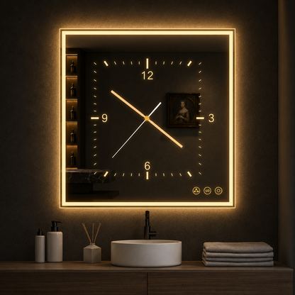 Luxury LED Smart Mirror Wall Clock | Modern Illuminated Bathroom & Home Decor Mirror