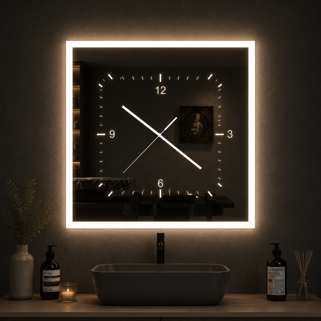 Luxury LED Smart Mirror Wall Clock | Modern Illuminated Bathroom & Home Decor Mirror