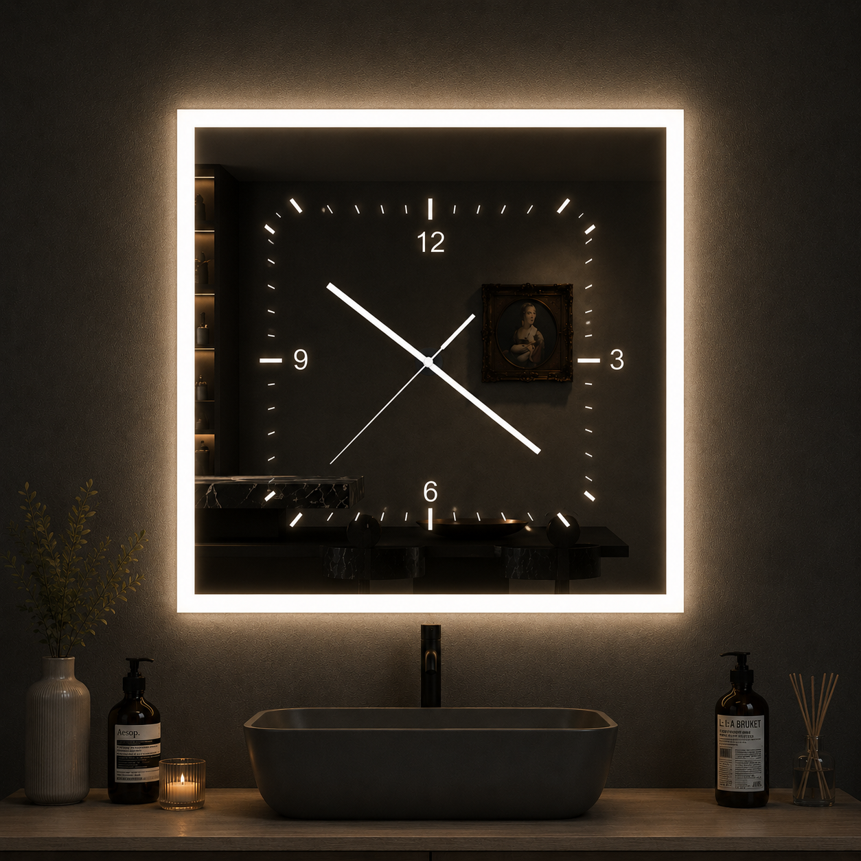 Luxury LED Smart Mirror Wall Clock | Modern Illuminated Bathroom & Home Decor Mirror