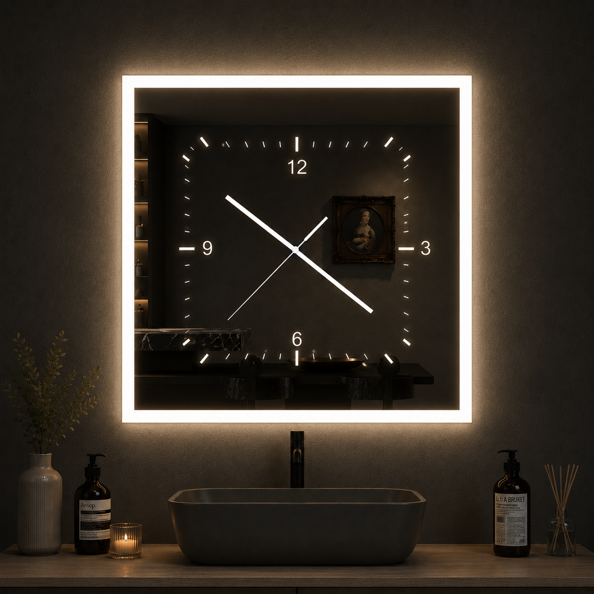 Luxury LED Smart Mirror Wall Clock | Modern Illuminated Bathroom & Home Decor Mirror